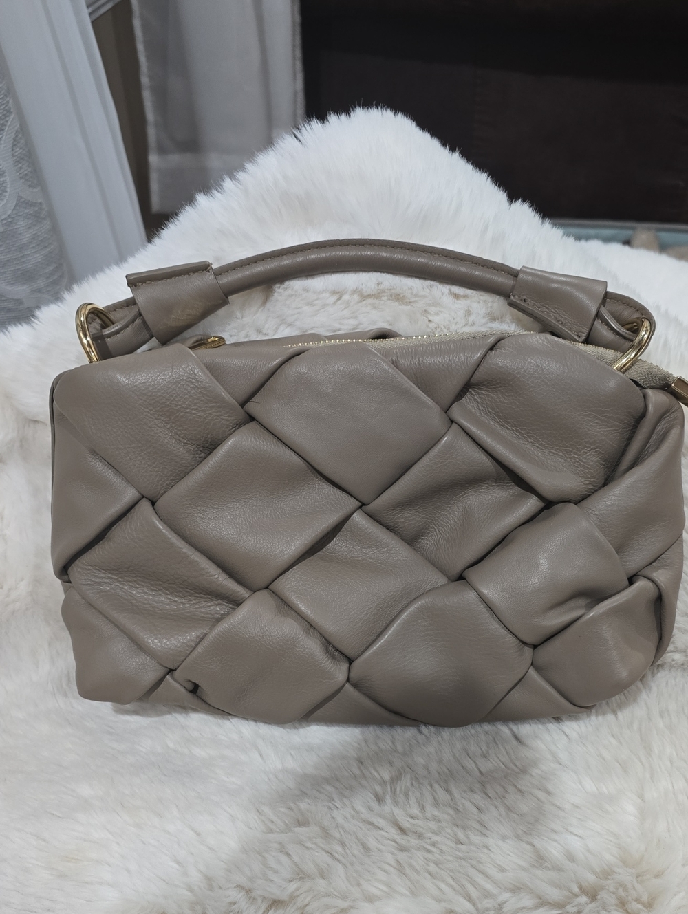 Valentina Fiore Woven Leather Satchel in the color taupe/mushroom